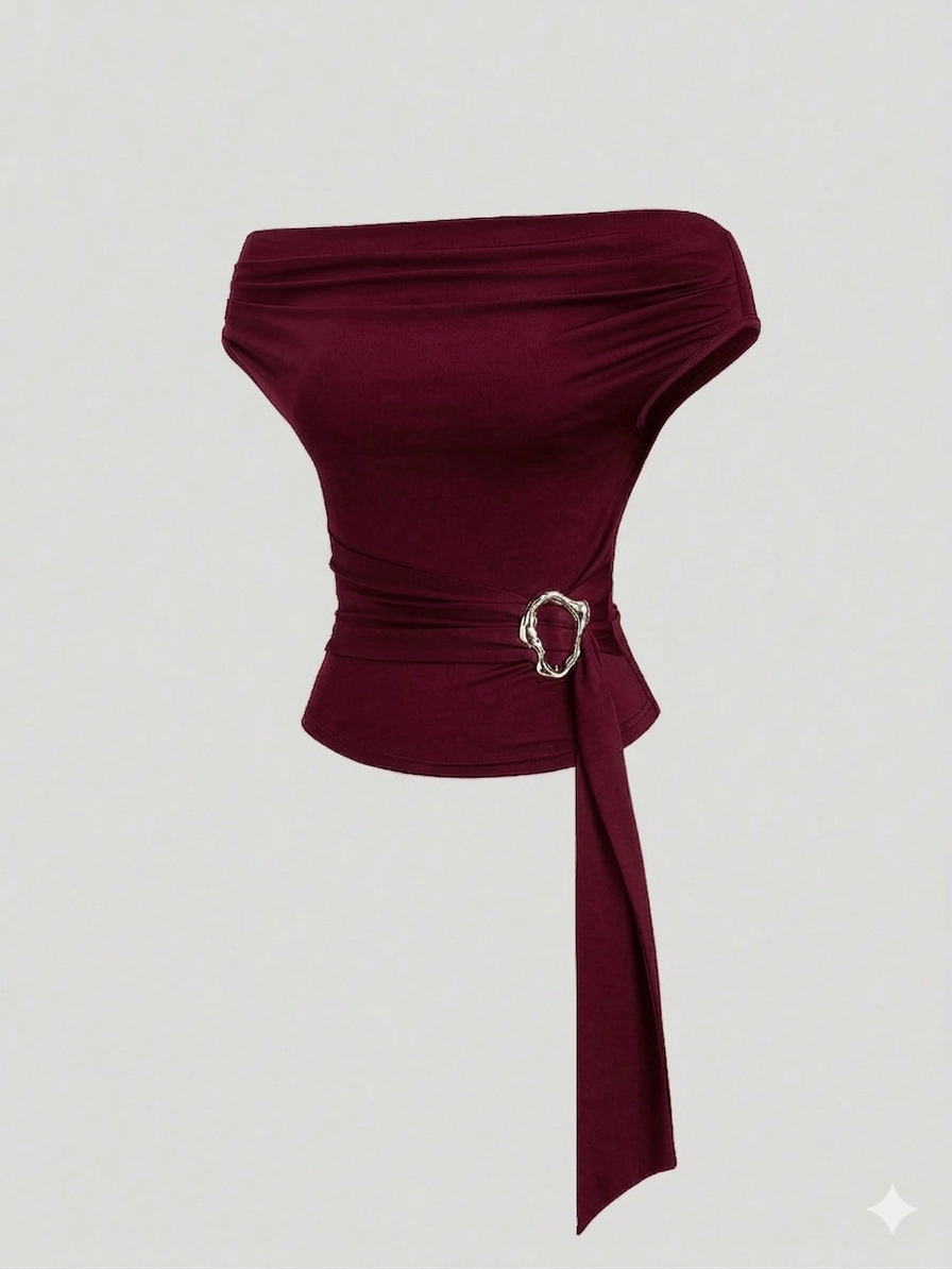 Women's Off-Shoulder Solid Color Top with Metal Buckle and Tie Detail