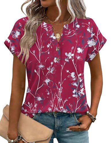 Women's Heart Floral Print V-Neck Short Sleeve T-Shirt