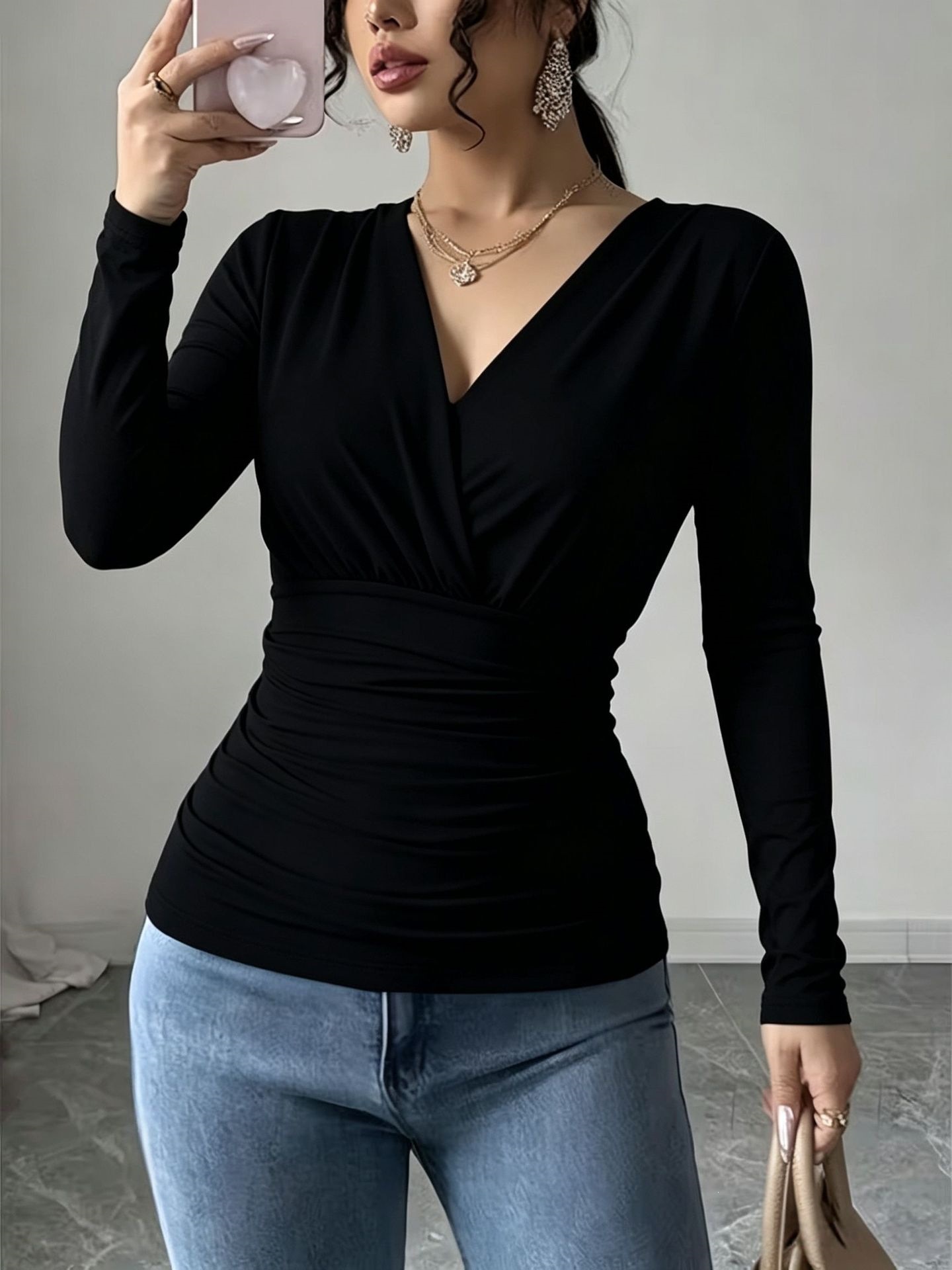 Women's French Cross V-Neck Ruched Waist Slimming Long Sleeve T-Shirt