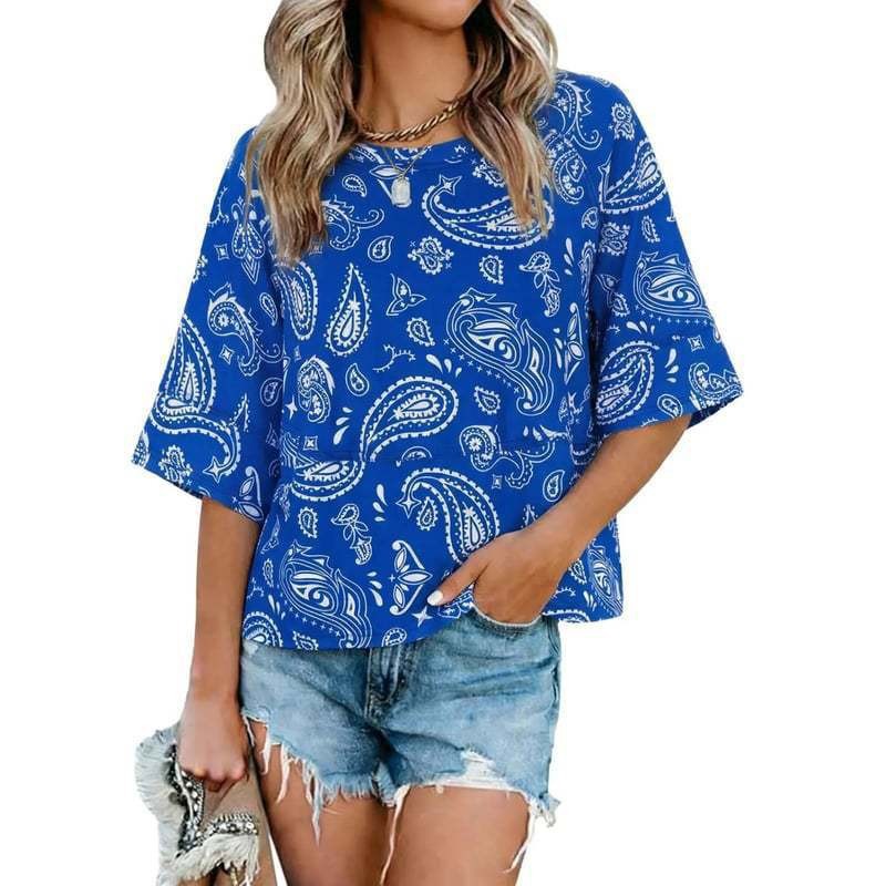 Women's Summer Colorblock Crewneck Bell Sleeve Loose T-Shirt