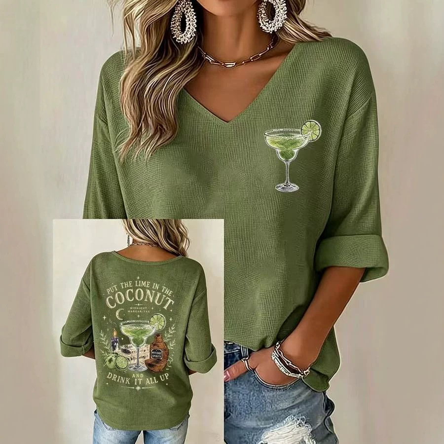Retro Wine Glass Print V-Neck Half-Sleeve Top