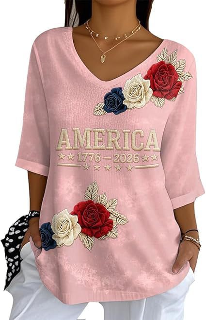 Floral Letter Print V-Neck Half-Sleeve Women's T-Shirt