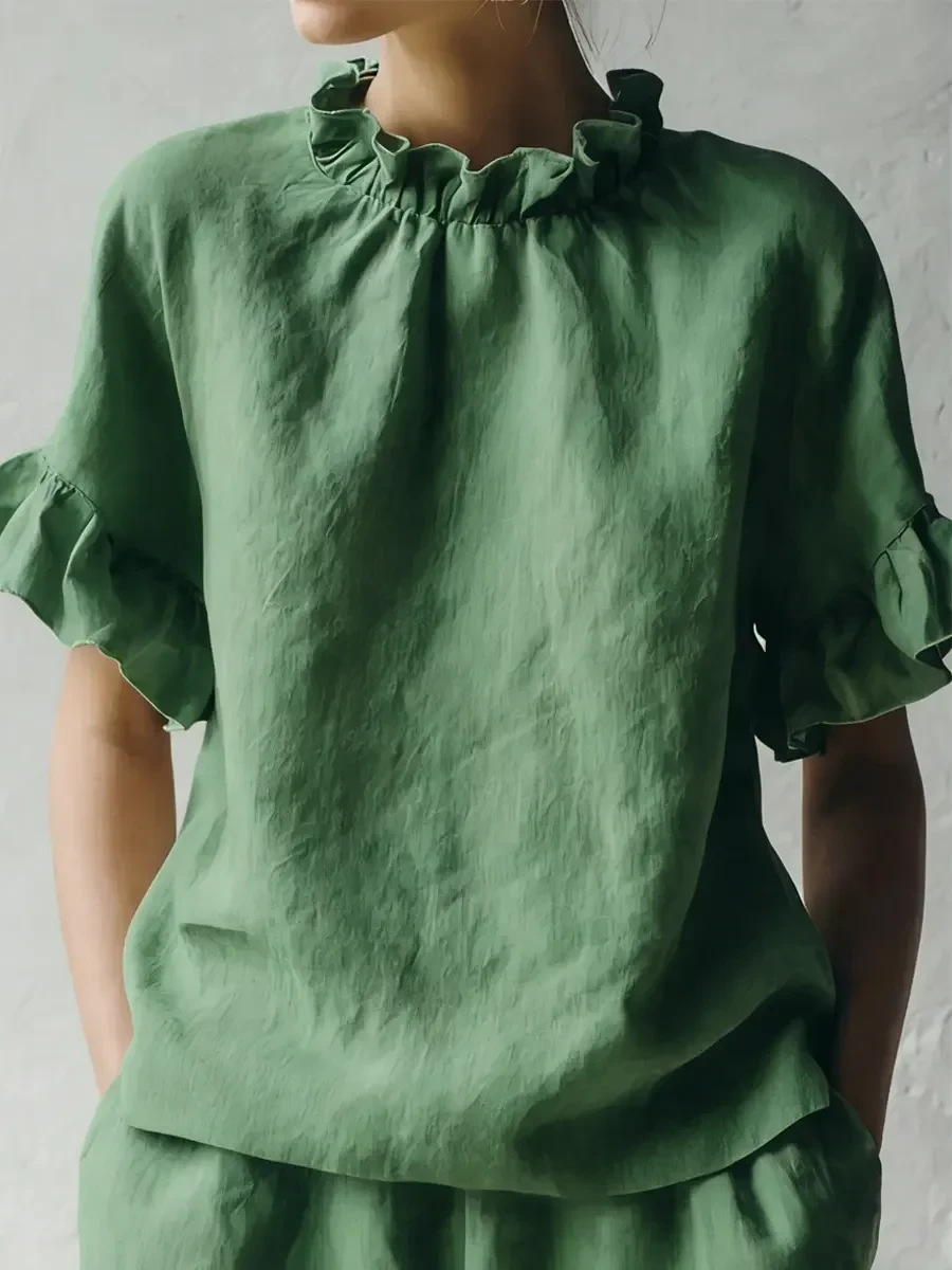 Women's Summer Solid Ruffle Short Sleeve Loose Casual Top