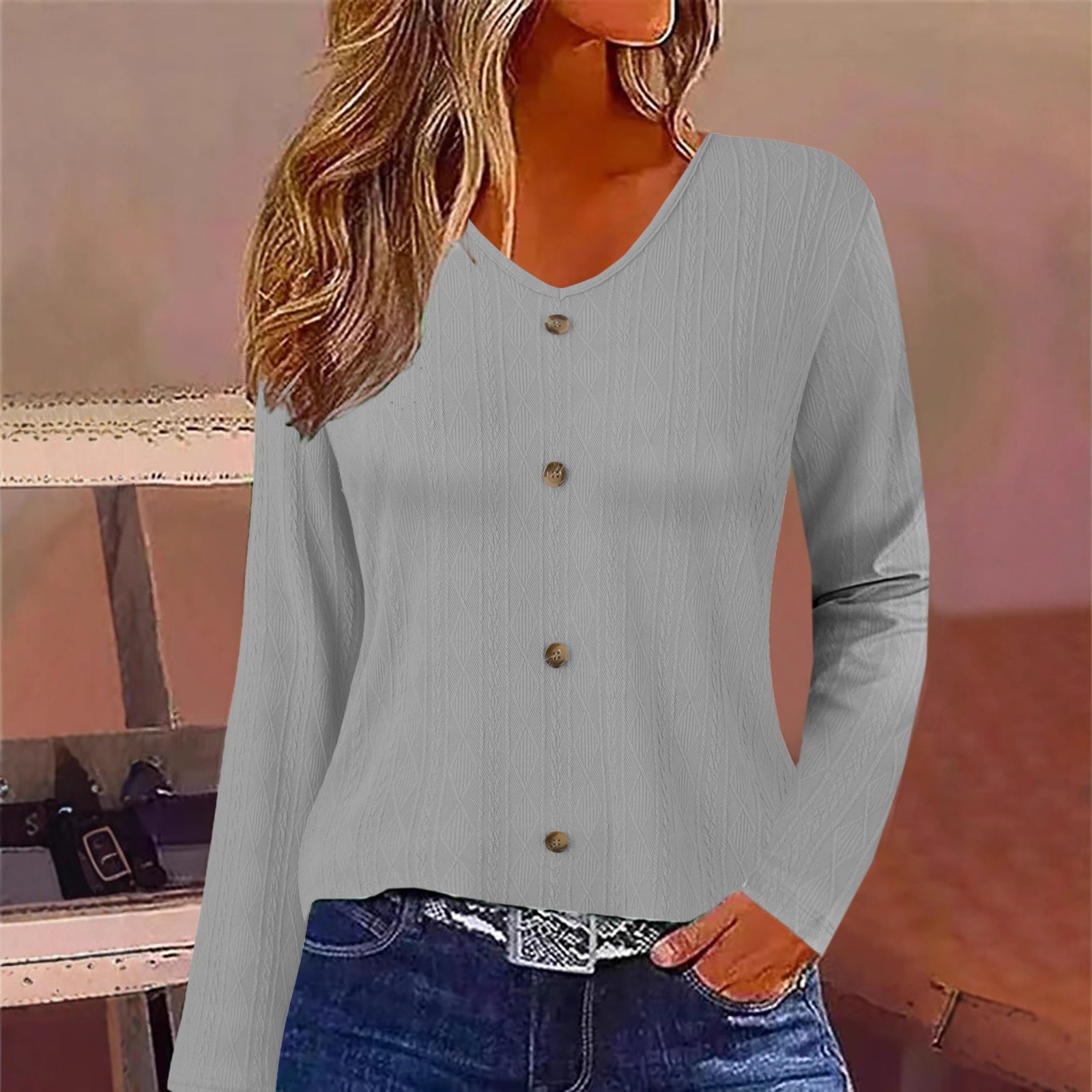 Women's V-Neck Long Sleeve Top Casual Loose Fit Solid Color