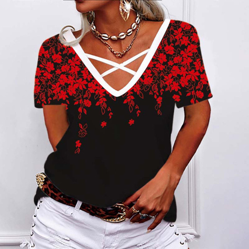 Women's Loose V-Neck Geometric Print Long-Sleeve T-Shirt