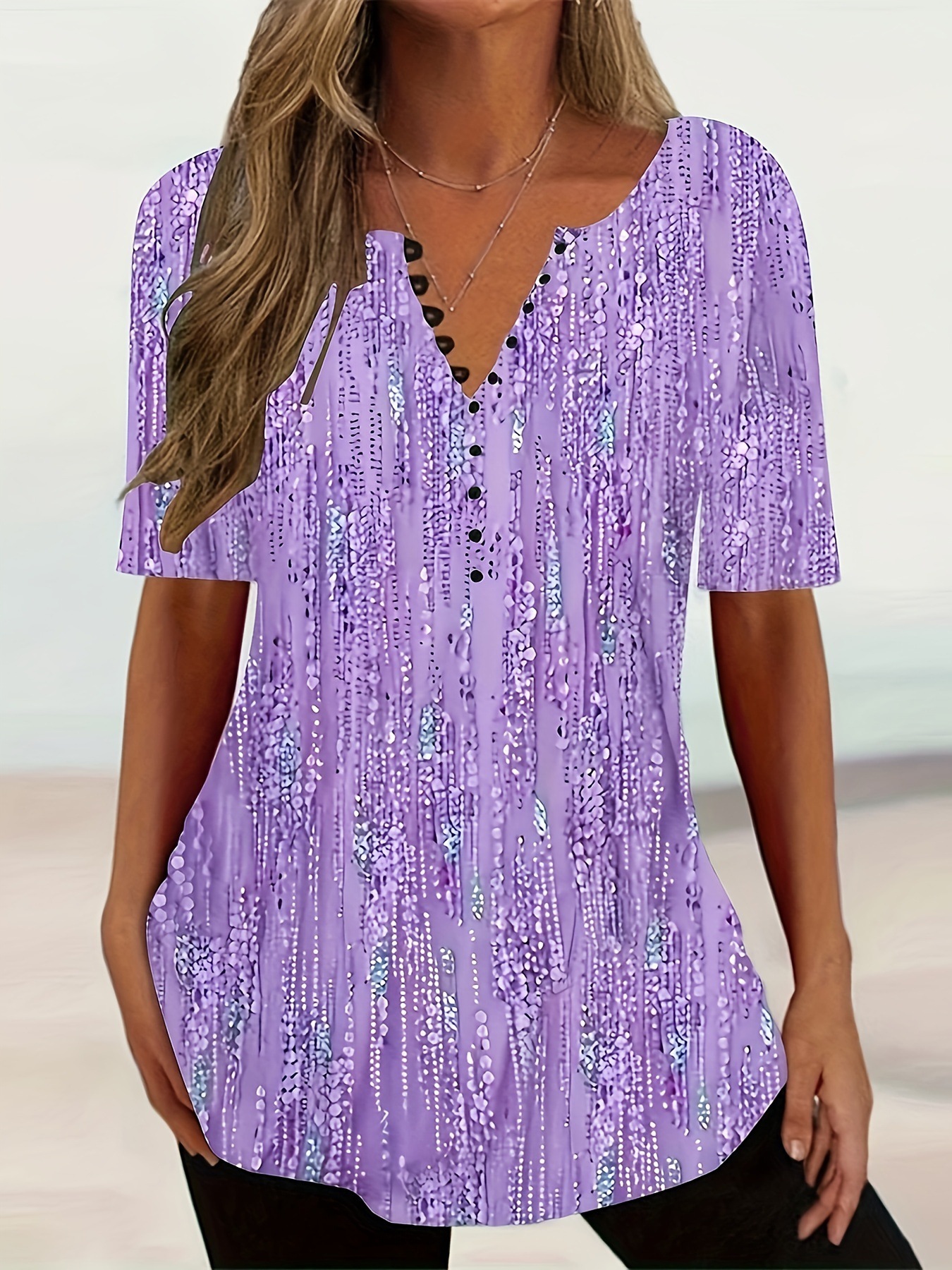 Women's Gradient V-Neck Button Short-Sleeve T-Shirt