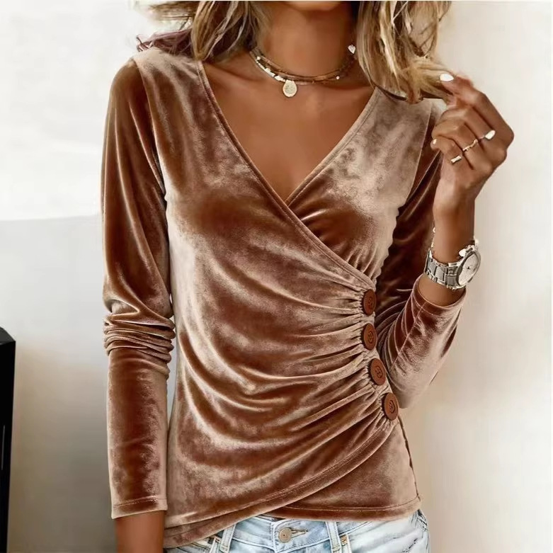 Women's Slim Fit V-Neck Button Long Sleeve Solid Color Top
