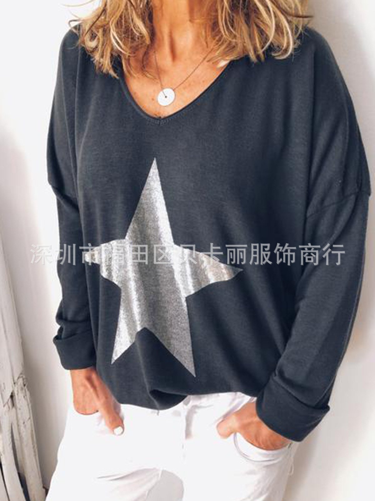 Women's Long Sleeve V-Neck T-Shirt Loose Fit Knit Top