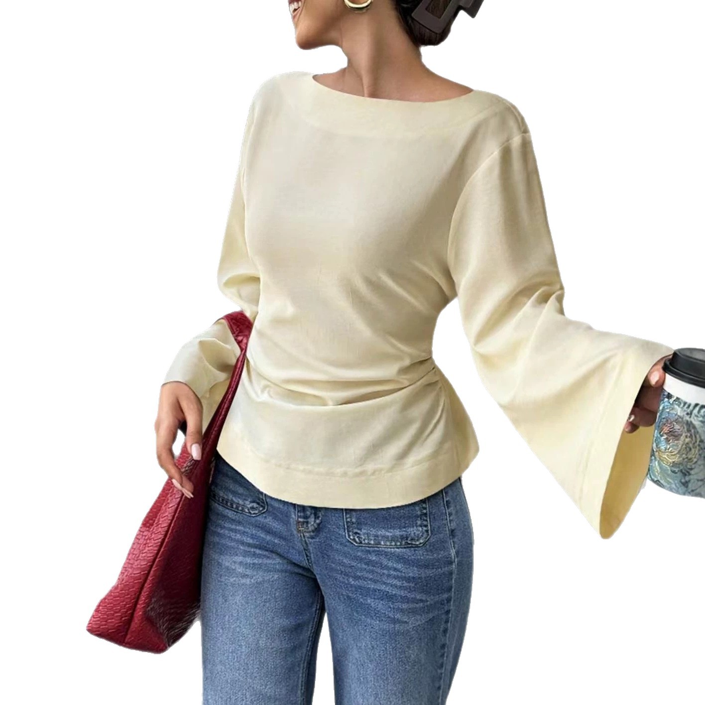Solid Color Boat Neck Flared Sleeve Cinched Waist Long Sleeve Top