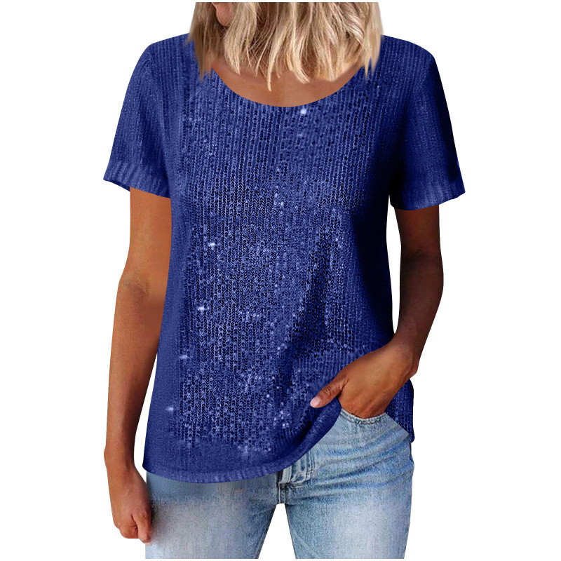 Women's Sequin Loose Crewneck Short Sleeve Top