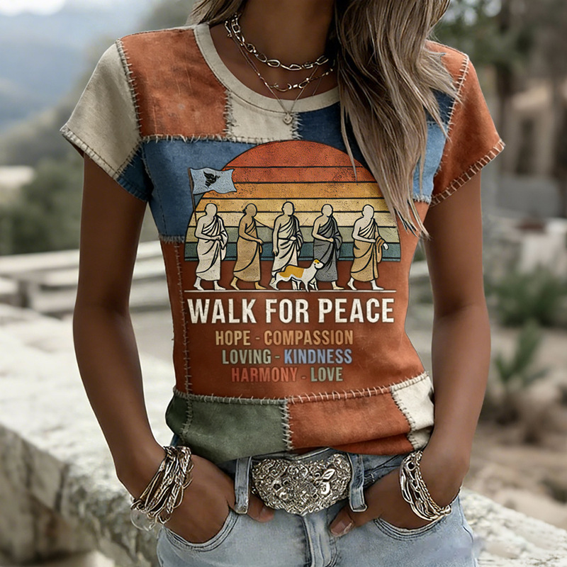 Women's Summer Waist-Fitted Crew Neck Short Sleeve Top with Monk and Peace Dog Print