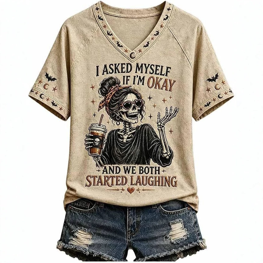 Skull Goblet Letter Print V-Neck Short Sleeve Women's T-Shirt