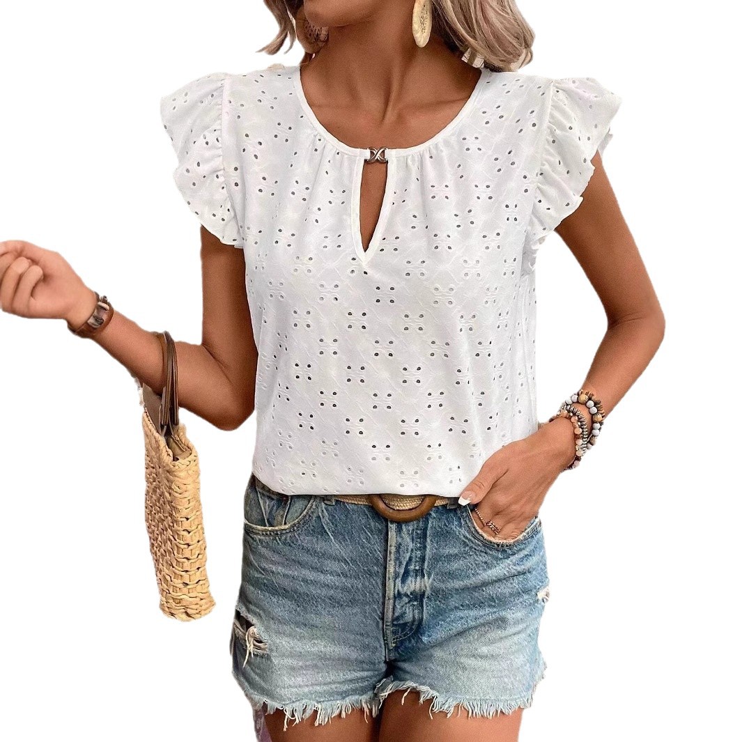 Jacquard V-Neck Ruffle Sleeve Short Sleeve T-Shirt