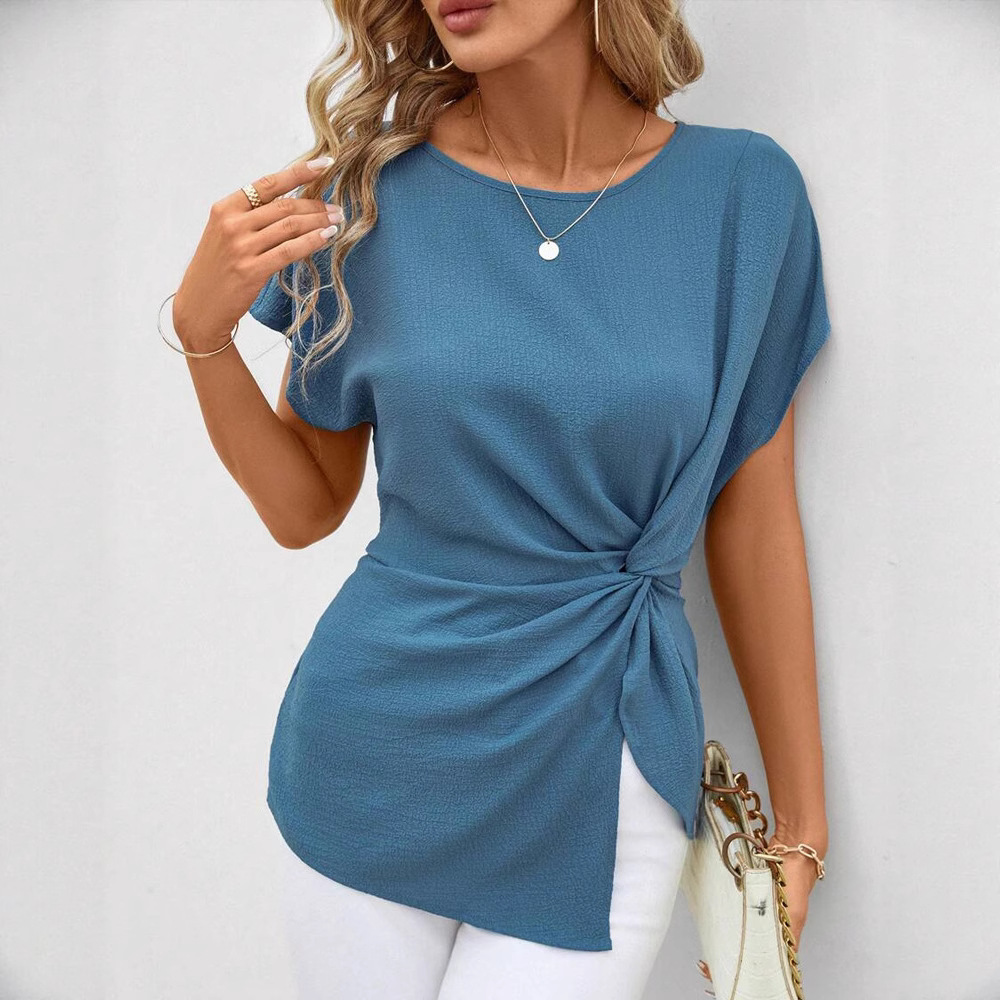 Women's Solid Asymmetric Knotted Short Sleeve T-Shirt