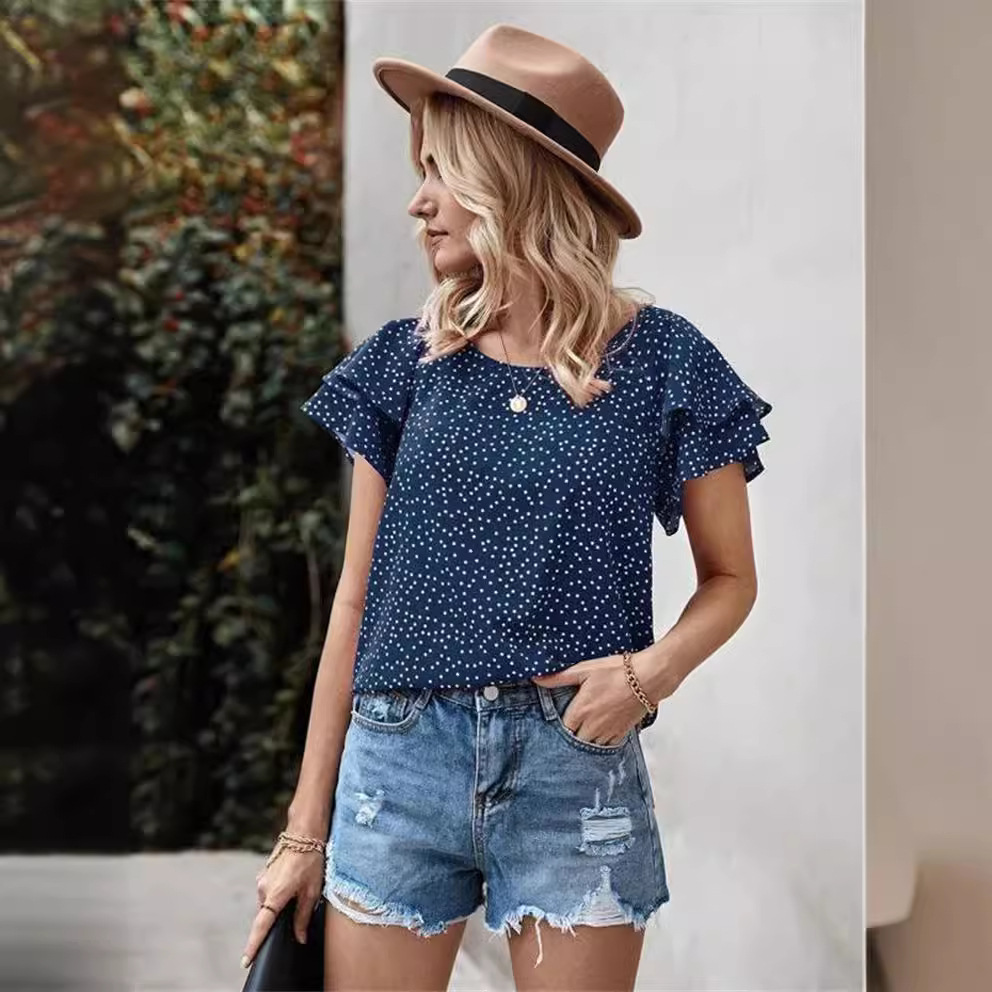 Polka Dot Ruffle Sleeve Round Neck T-Shirt