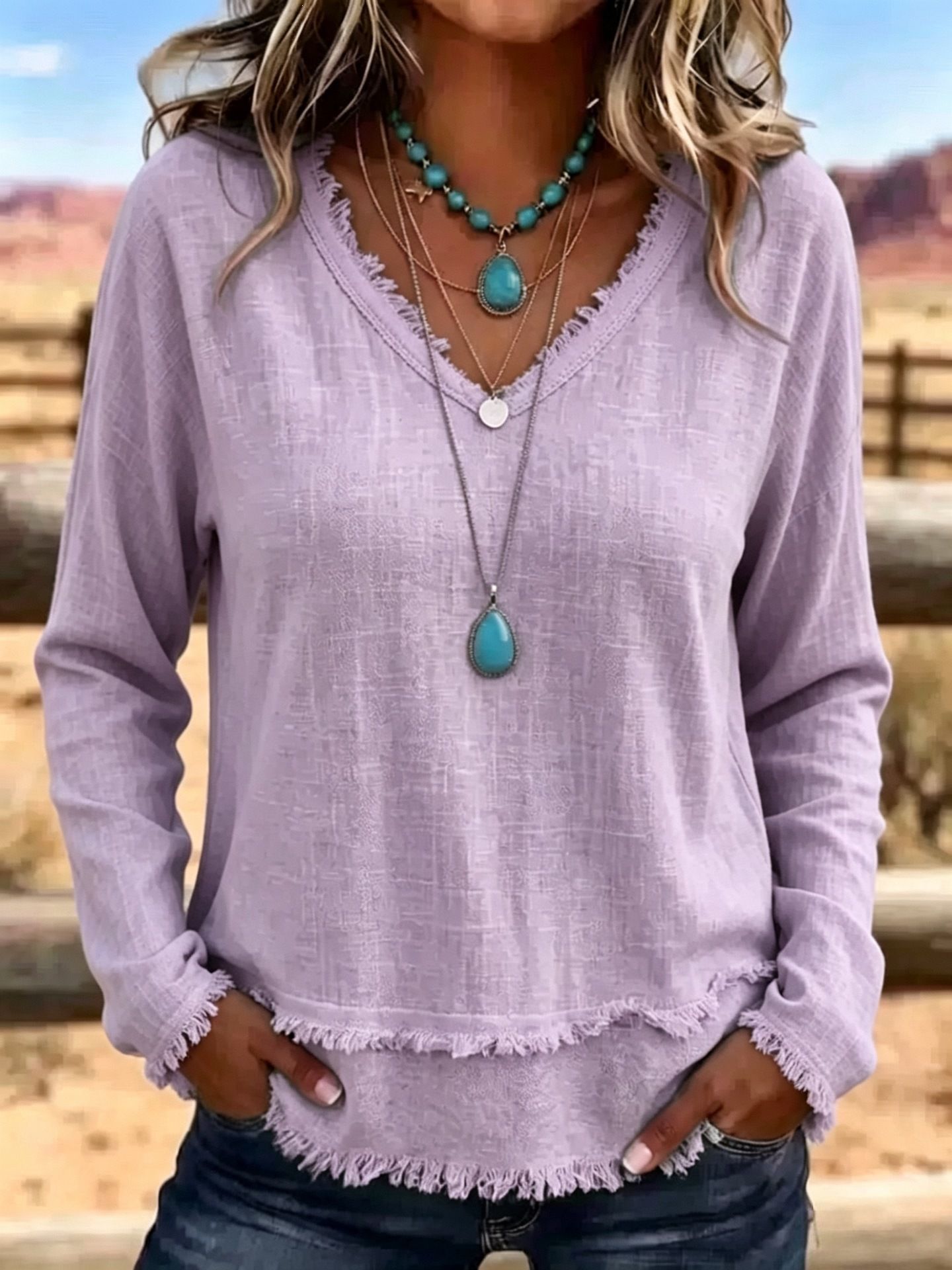 Women's Loose V-Neck Fringe Long-Sleeve T-Shirt Solid Casual Top