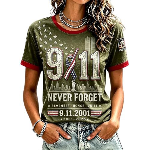 911 Twin Towers Ribbon Flag Print Short Sleeve T-Shirt