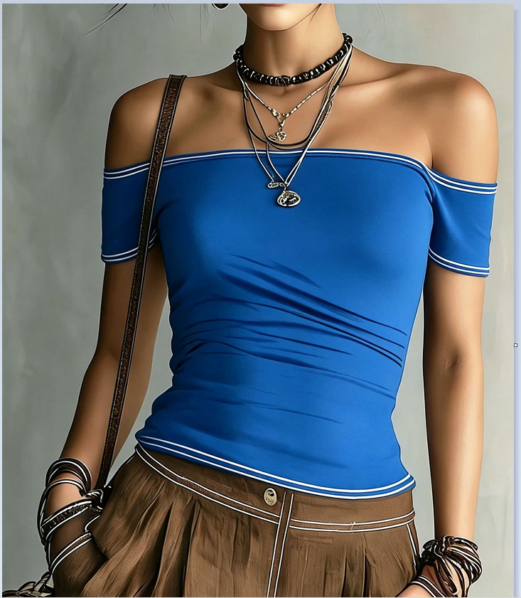 Women's Off-Shoulder One-Line Neck Crop Top Short Sleeve T-Shirt