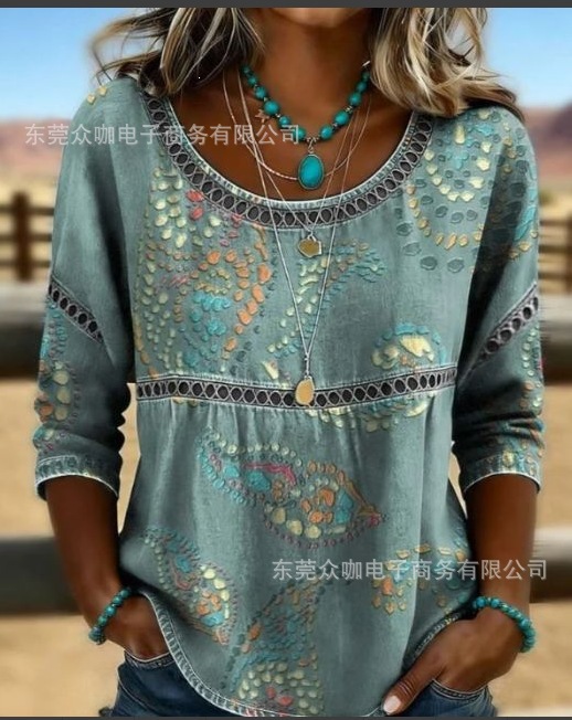 3D Floral Print Crewneck Half-Sleeve Ruched Top