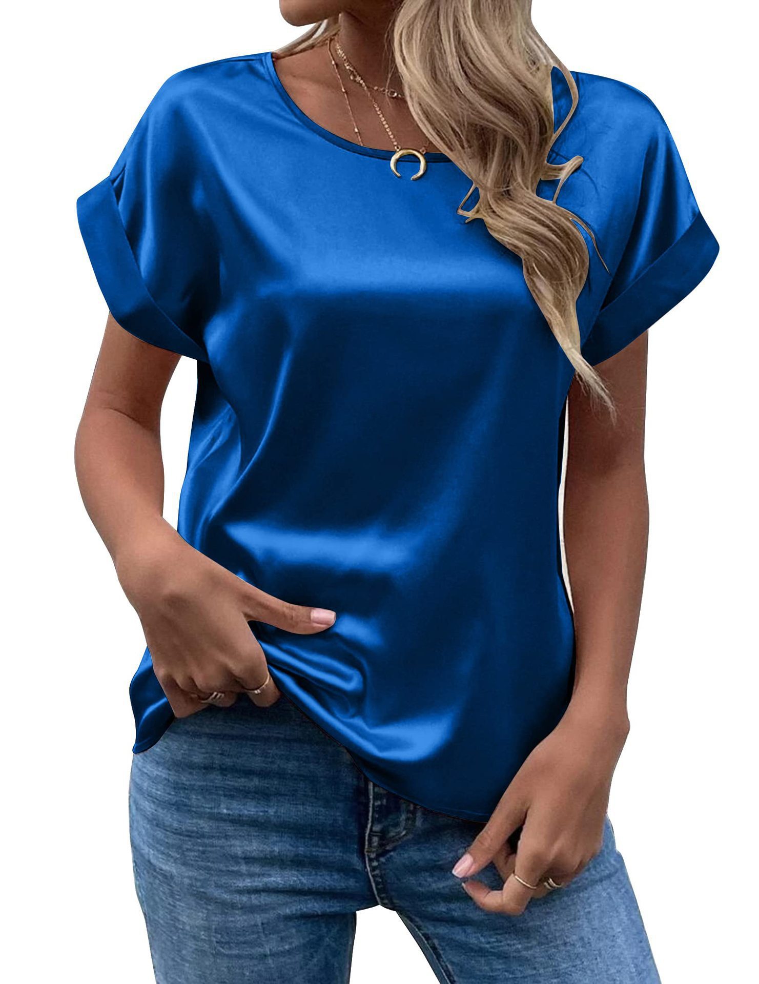 Women's Satin Crewneck Straight-Fit Short-Sleeve T-Shirt