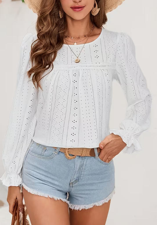 Women's Crewneck Long Sleeve Cutout Solid Color Casual Top Shirt