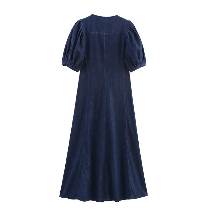 Women's Denim Dress Short Sleeve A-Line Midi Round Neck Tie Detail