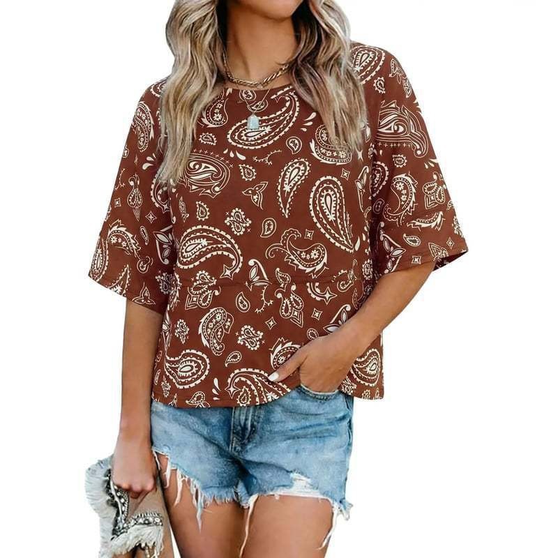 Women's Summer Colorblock Crewneck Bell Sleeve Loose T-Shirt