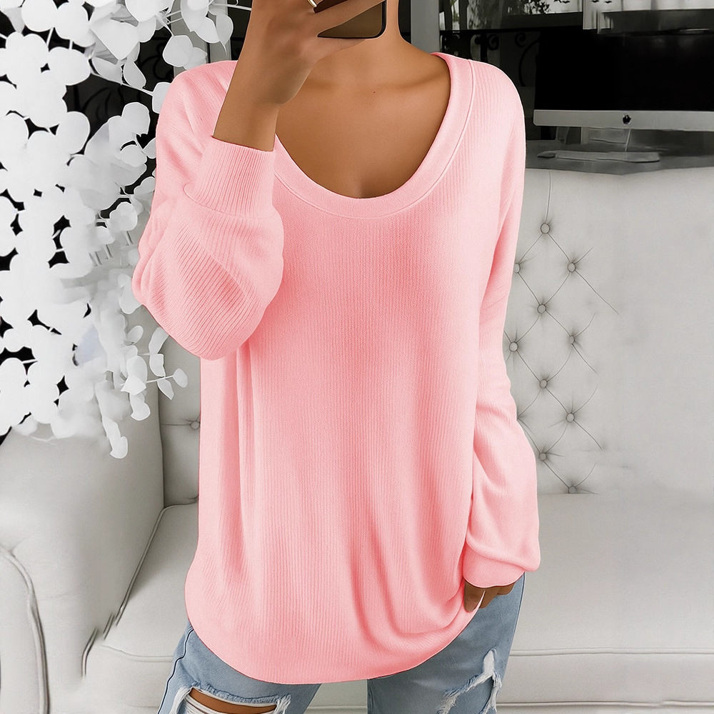 Women's Casual Loose Solid Color Retro Crewneck Long Sleeve Knit Sweater