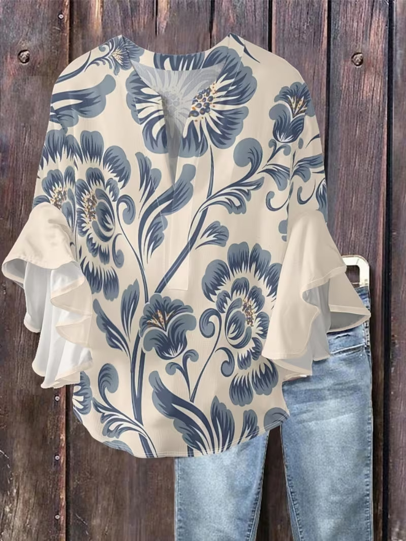 Floral Print V-Neck Rolled Sleeve Casual Women's T-Shirt