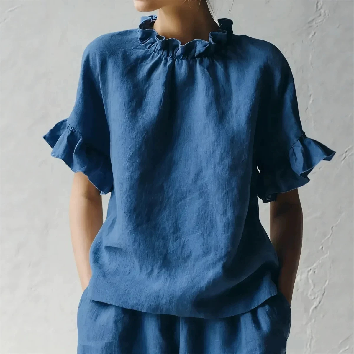 Women's Summer Solid Ruffle Short Sleeve Loose Casual Top