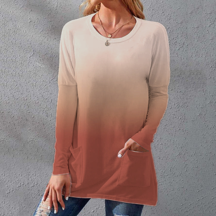 Women's Gradient Crewneck Long-Sleeve Tunic T-Shirt with Pockets