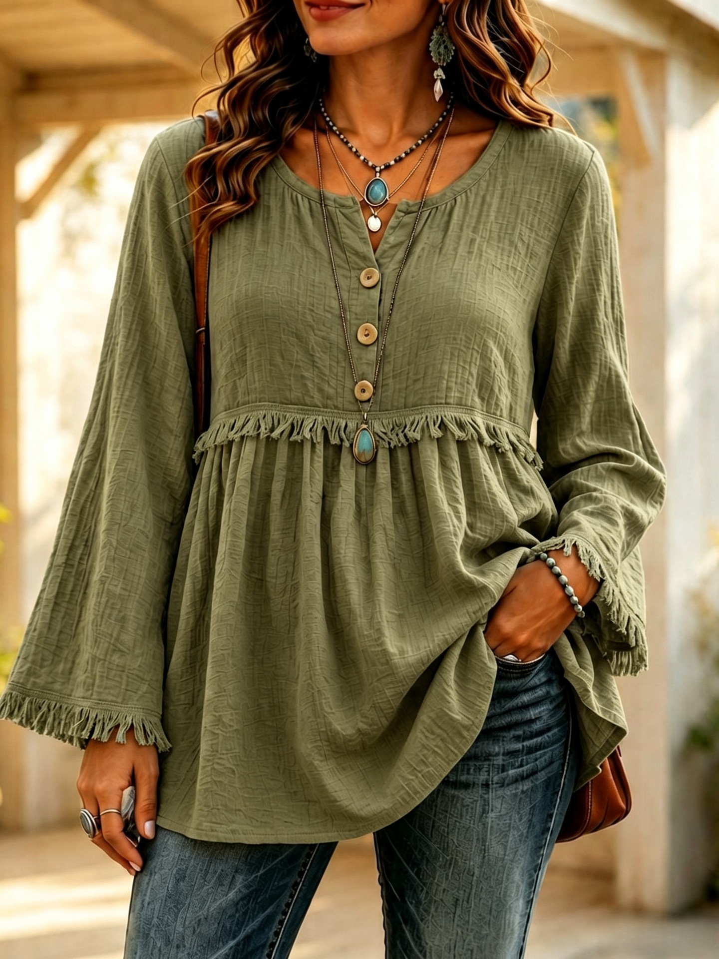 Women's Loose Fit Button Fringe Long Sleeve T-Shirt Solid Color Casual Top