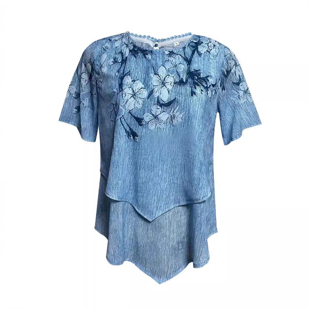 Floral Print Round Neck Asymmetric Short Sleeve Double-Layer Top