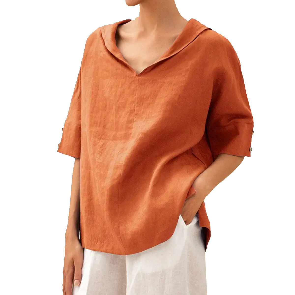 Women's Cotton-Linen Sailor Collar Loose Short-Sleeve Top