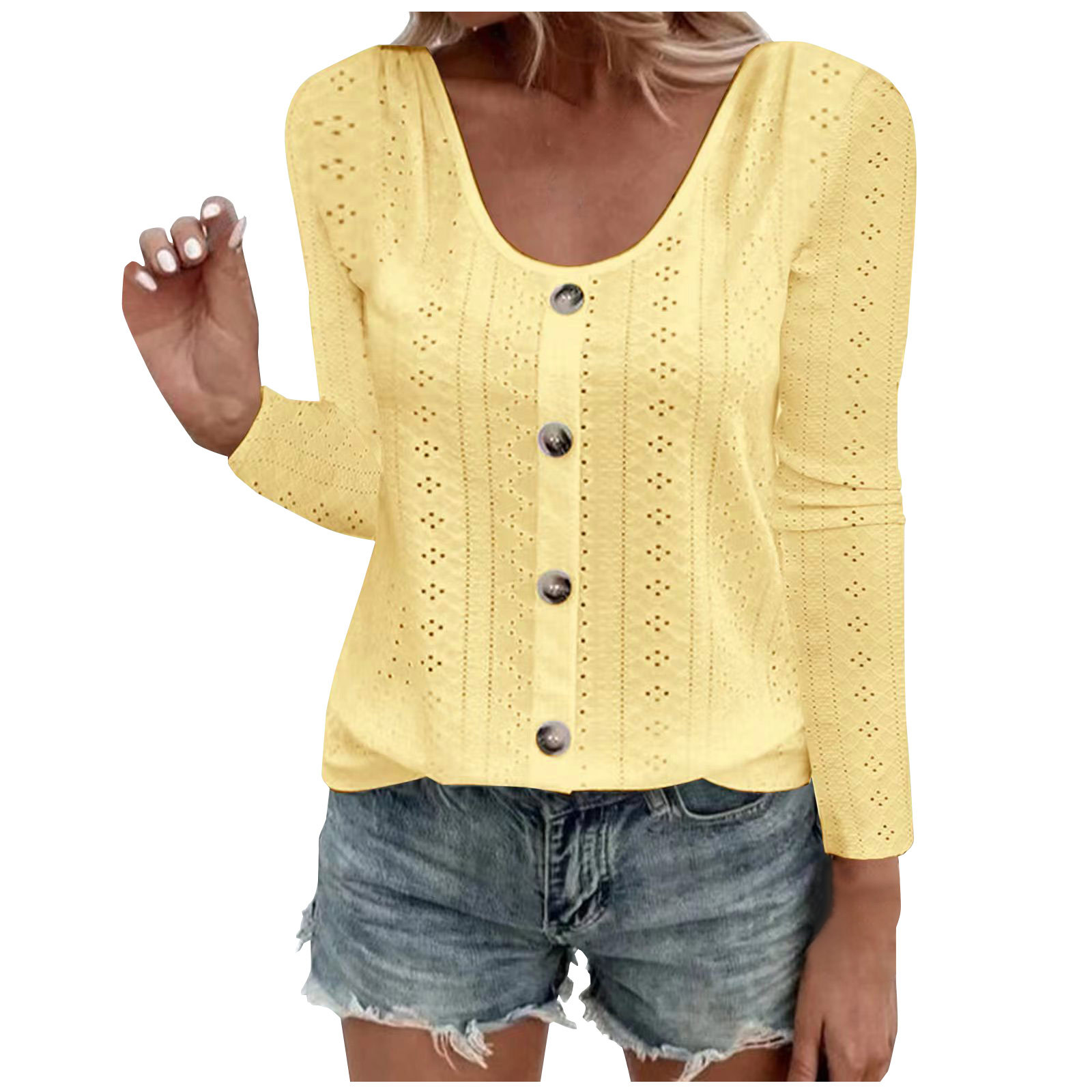 Women's Round Neck Loose Single-Breasted Long-Sleeve Top