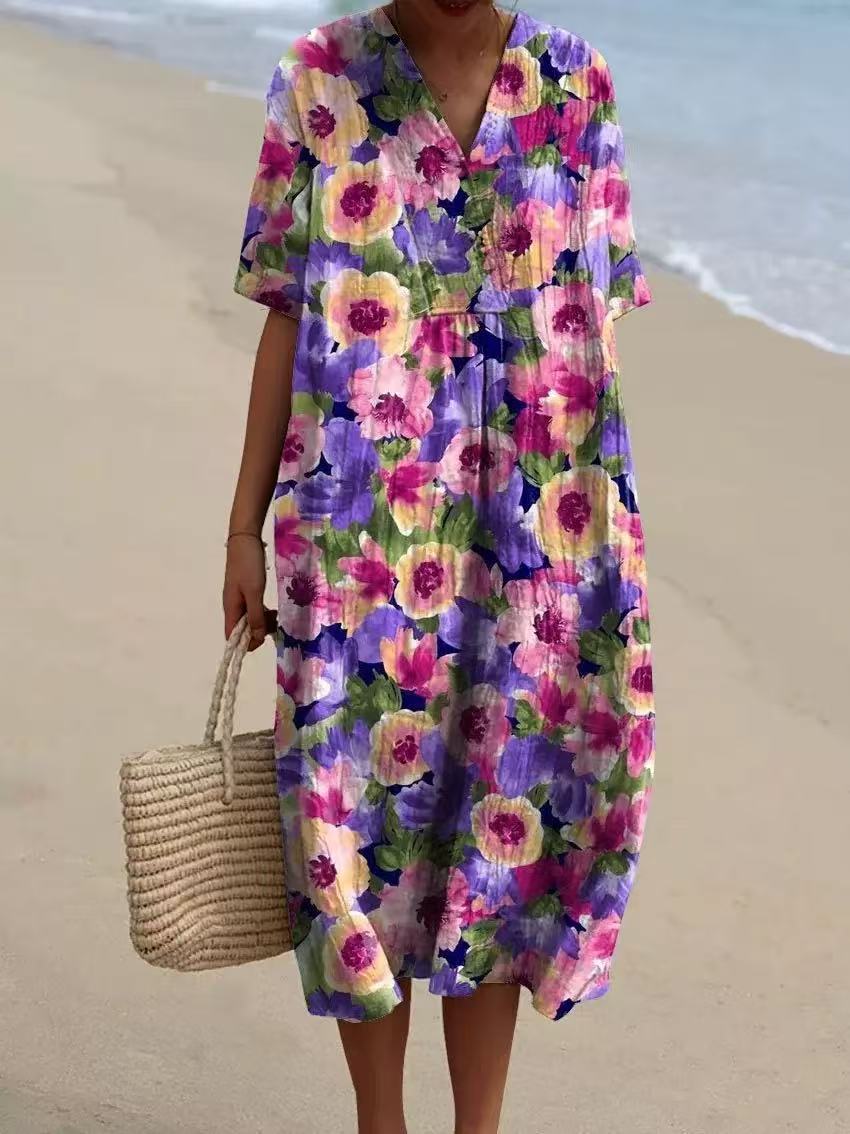 Women's Loose Floral Print Long Dress Casual V-Neck Short Sleeve