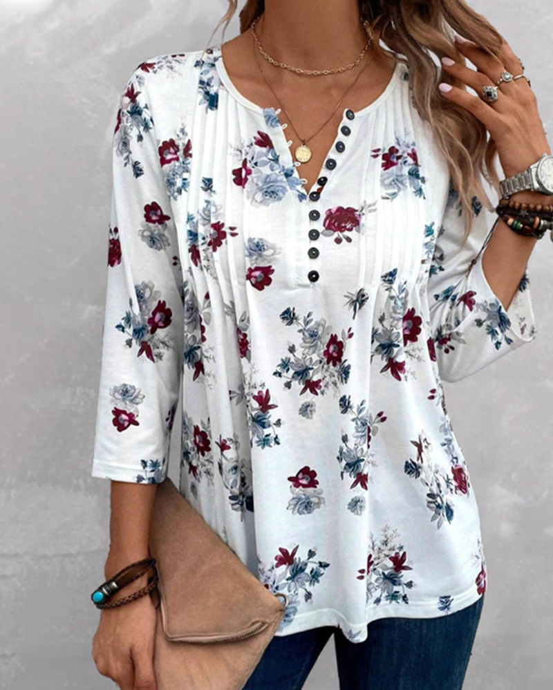 Women's V-Neck Floral Print Top Casual Pullover