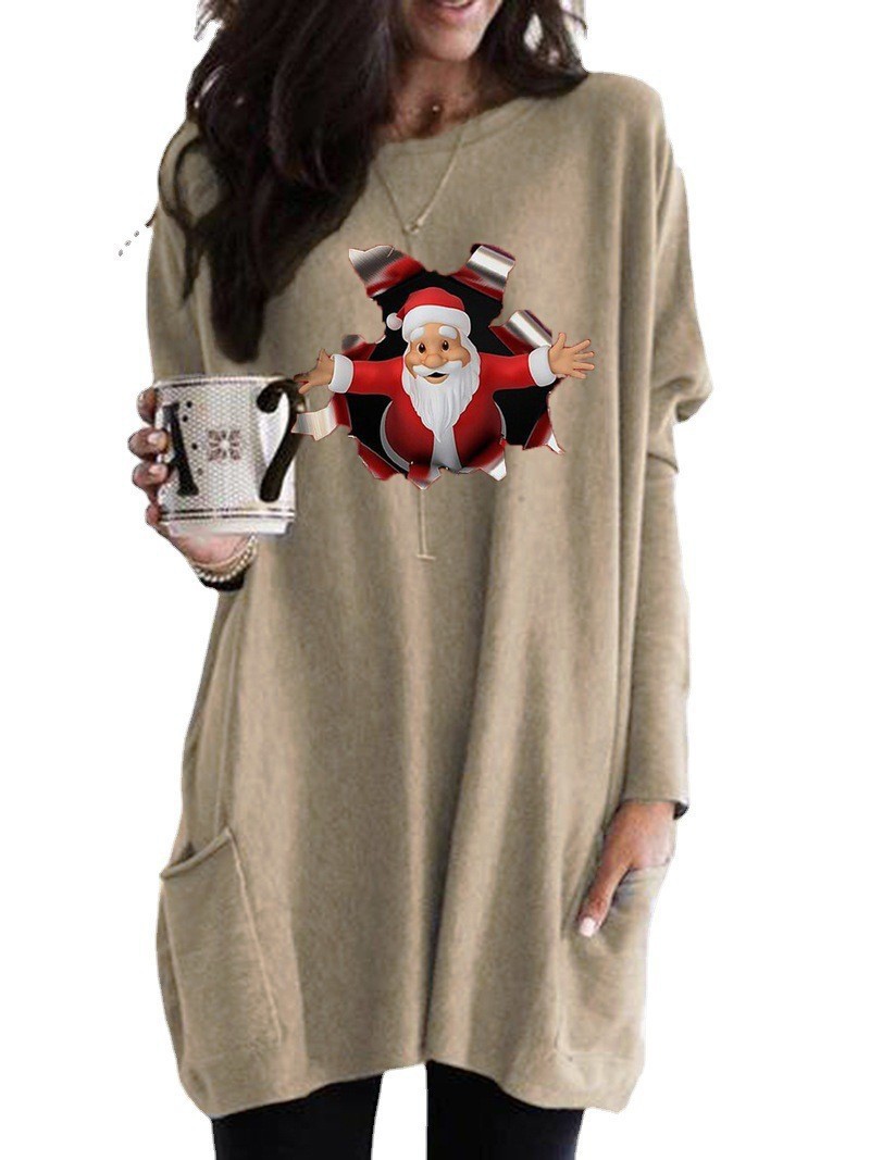 Christmas Santa Print Long Sleeve Crewneck Casual T-Shirt for Women