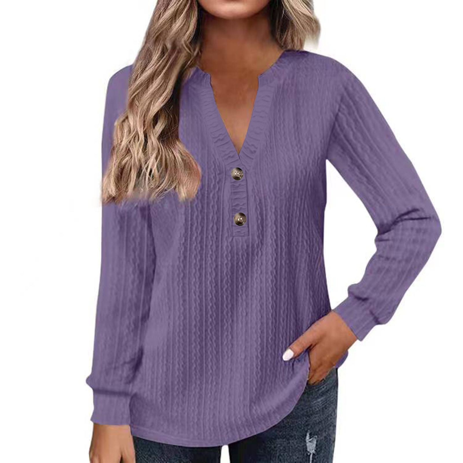 Women's Long Sleeve V-Neck Button T-Shirt Solid Color Top