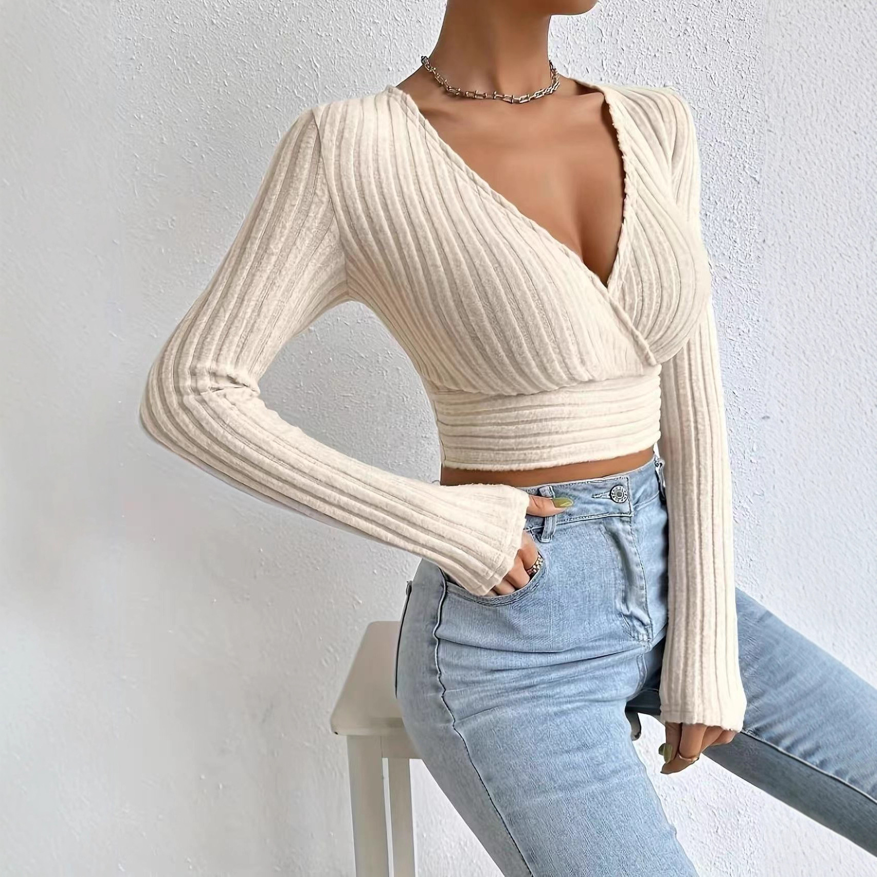 Deep V-Neck Cross-Front Slim Fit Long Sleeve Top