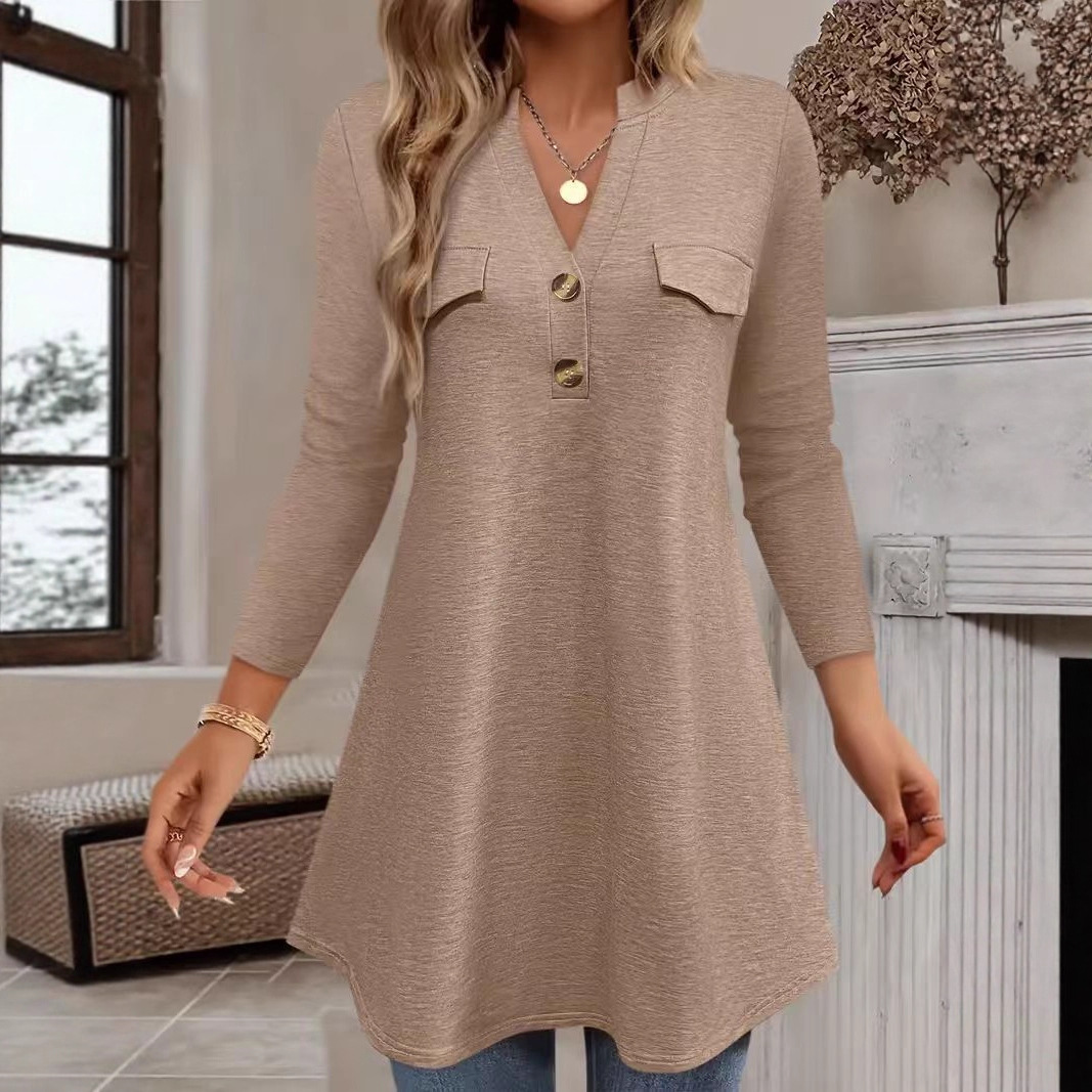 Women's Long Sleeve V-Neck Button Solid Color A-Line Tunic Top