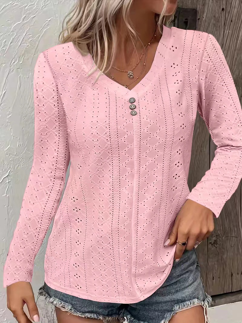 Women's Solid V-Neck Button-Detail Long-Sleeve T-Shirt