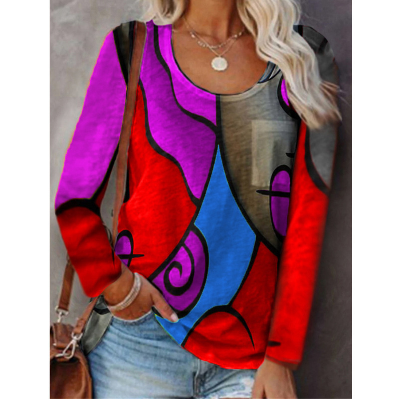 Women's Colorblock Geometric Print Long Sleeve T-Shirt