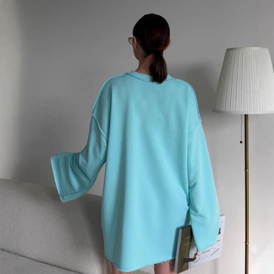 Women's Oversized Midi Sweatshirt Dress Long Sleeve Crew Neck Solid Color