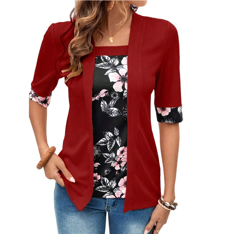 Women's Faux Two-Piece Short Sleeve Printed Top