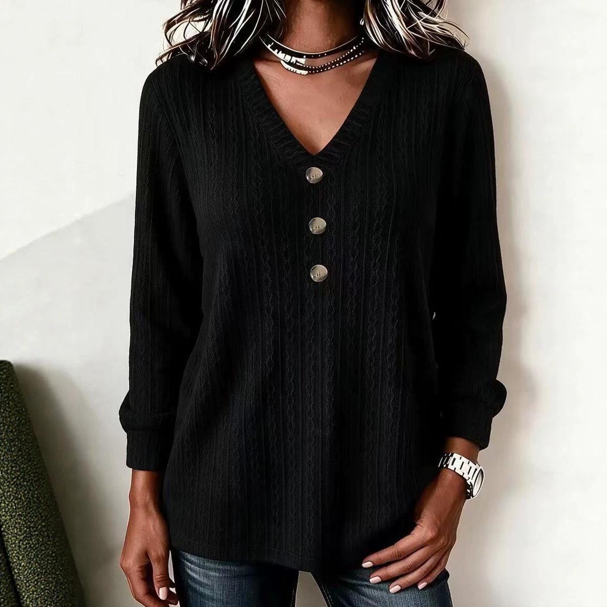 Cable Knit V-Neck Button Long Sleeve Sweater