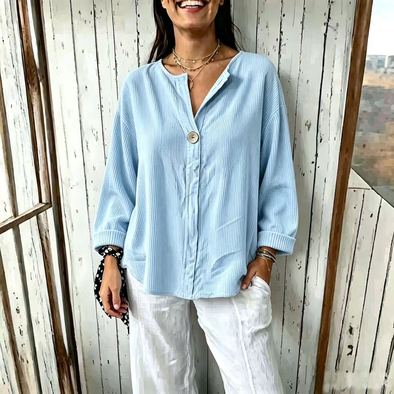 Women's Loose V-Neck Long Sleeve Corduroy Button-Up Top
