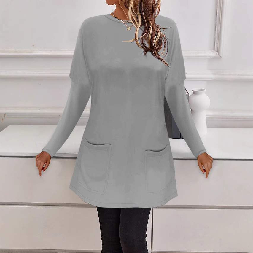 Women's Crewneck Long Sleeve Pocket Loose Casual Top T-Shirt