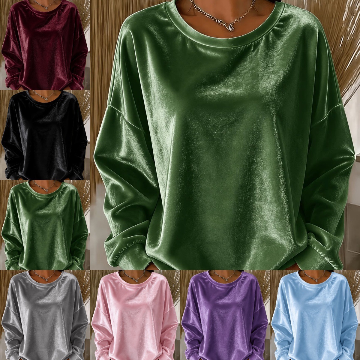 Women's Velvet Long Sleeve Crewneck T-Shirt Solid Color Loose Fit