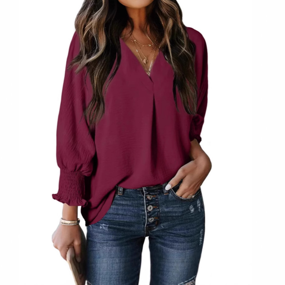 Women's V-Neck Long Sleeve Loose Blouse Top